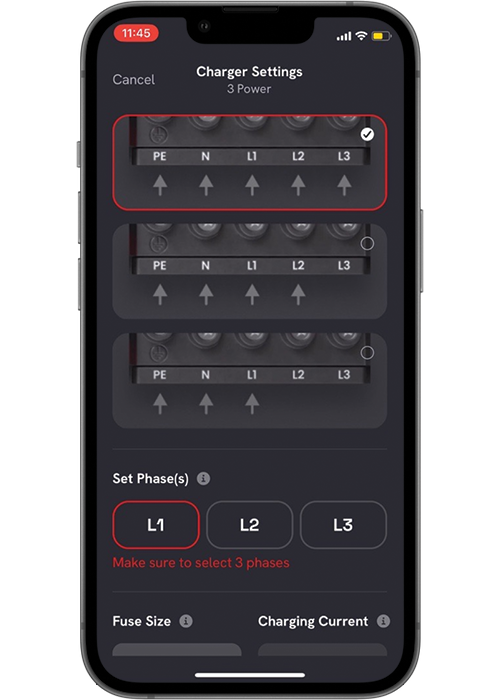 Select the Connection pattern on the wall bracket and the phases being used from the fuse box​ ​