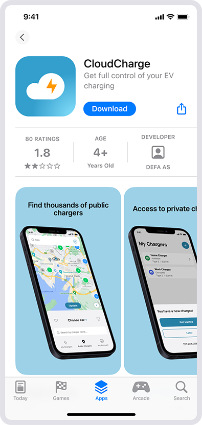 Screenshot of CloudCharge app in the App Store