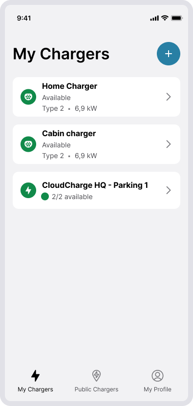 Screenshot of CloudCharge App - Select charger