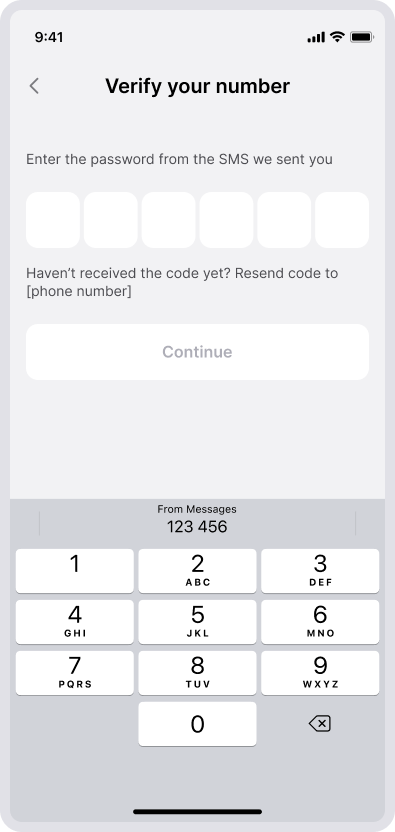 Screenshot of phone verification in the CloudCharge app