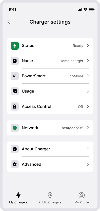 Screenshot of CloudCharge App - Charger settings