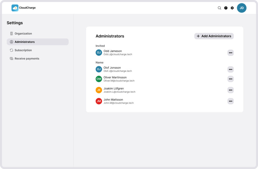 Screenshot of CloudCharge Portal - Add administrator