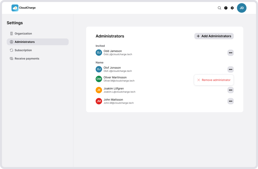 Screenshot of CloudCharge Portal - Remove administrator