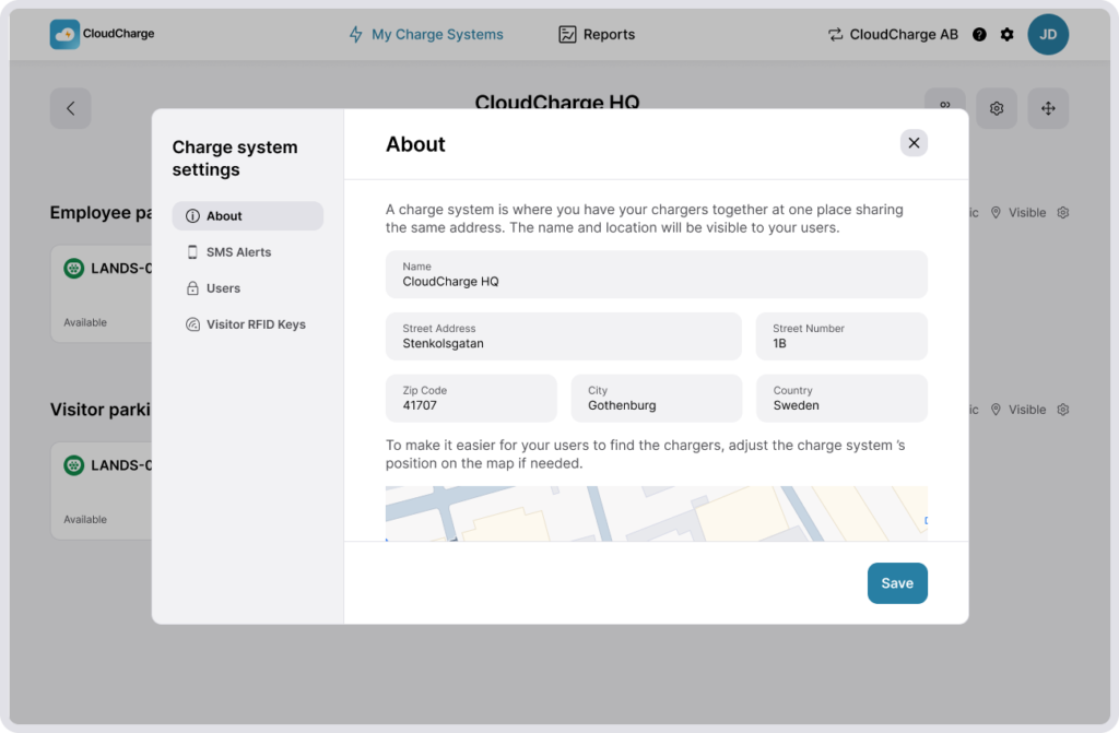 Screenshot of CloudCharge Portal - Charge System Settings - About