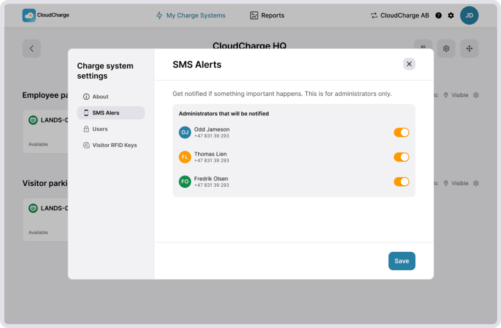 Screenshot of CloudCharge Portal - Charge System Settings - SMS alerts