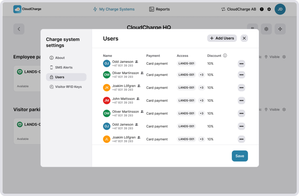 Screenshot of CloudCharge Portal - Charge System Settings - Users