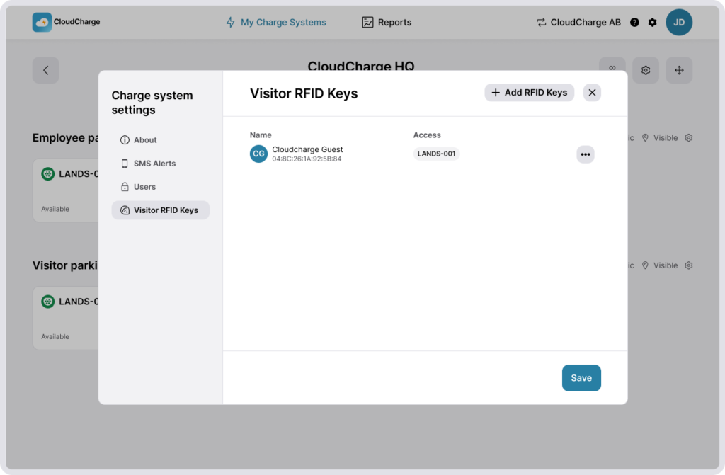 Screenshot of CloudCharge Portal - Charge System Settings - RFID