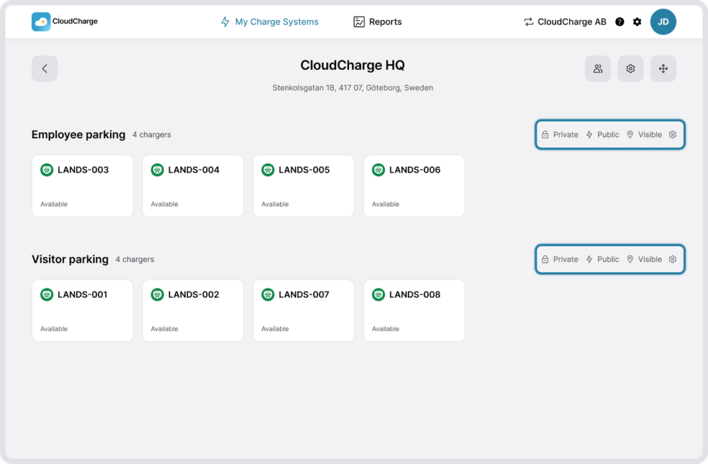 Screenshot of CloudCharge portal - Charger Groups - Modify settings