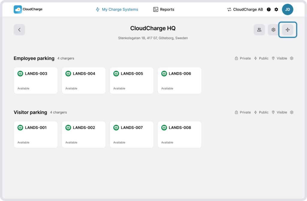 Screenshot of CloudCharge portal - Charger Groups - Rearrange