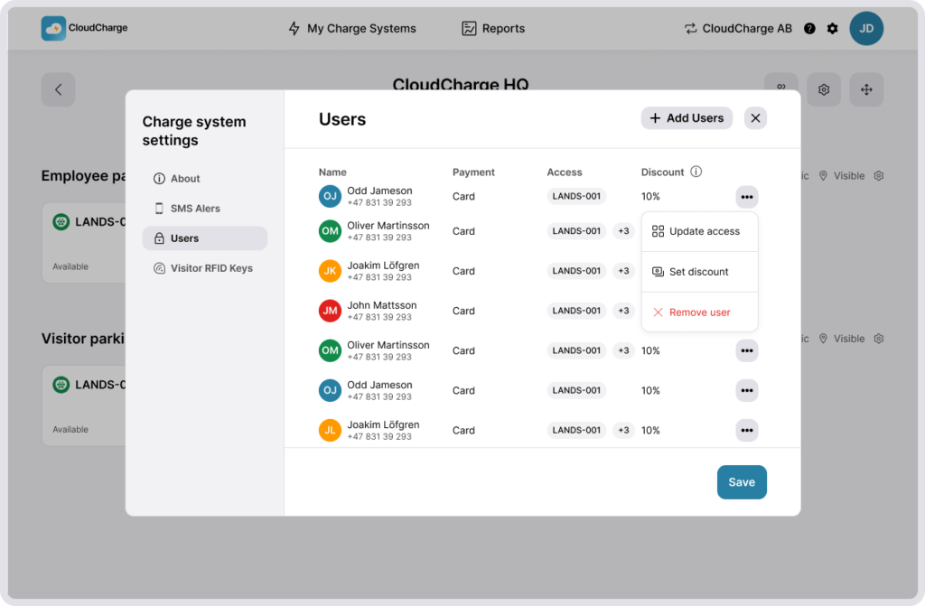 Screenshot of CloudCharge Portal - Find users