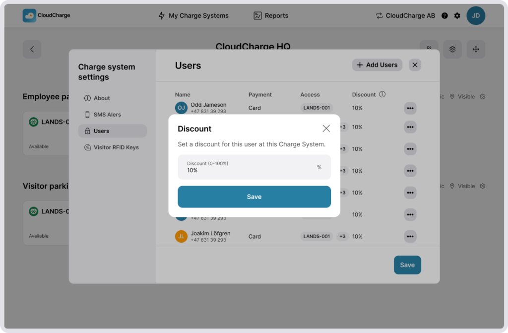 Screenshot of CloudCharge Portal - Set discount