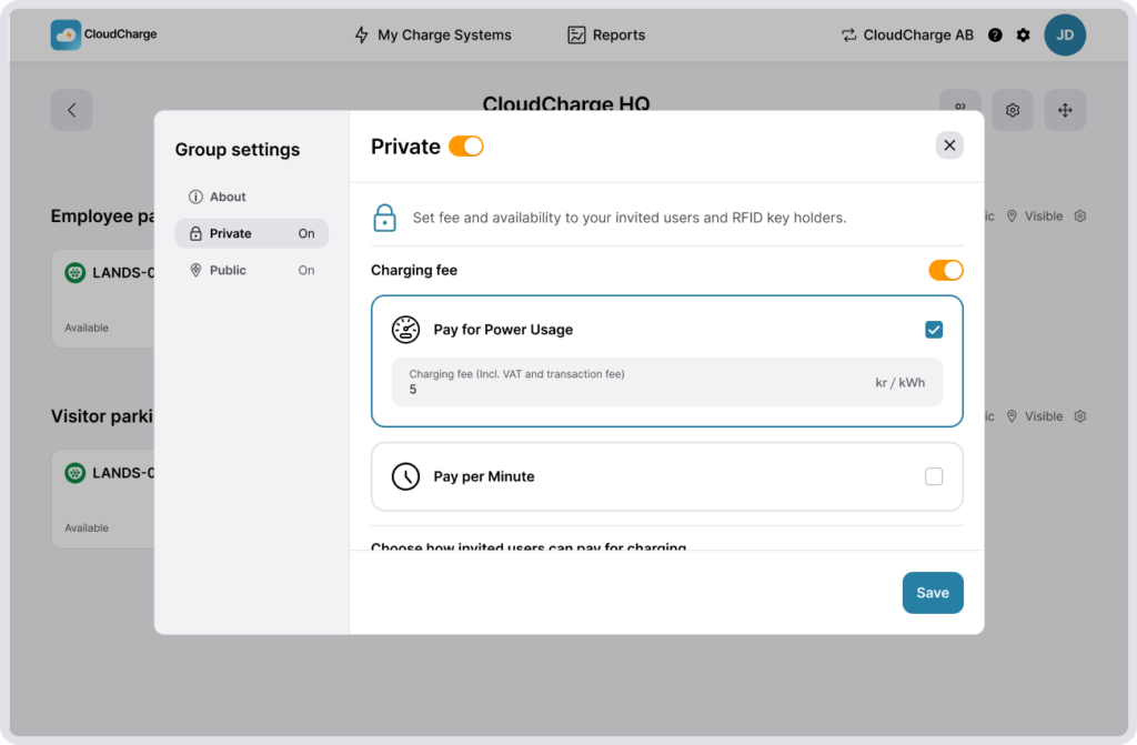 Screenshot of CloudCharge Portal - Private fees