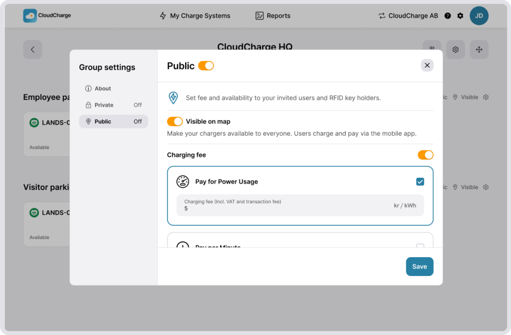 Screenshot of CloudCharge Portal - Public fees