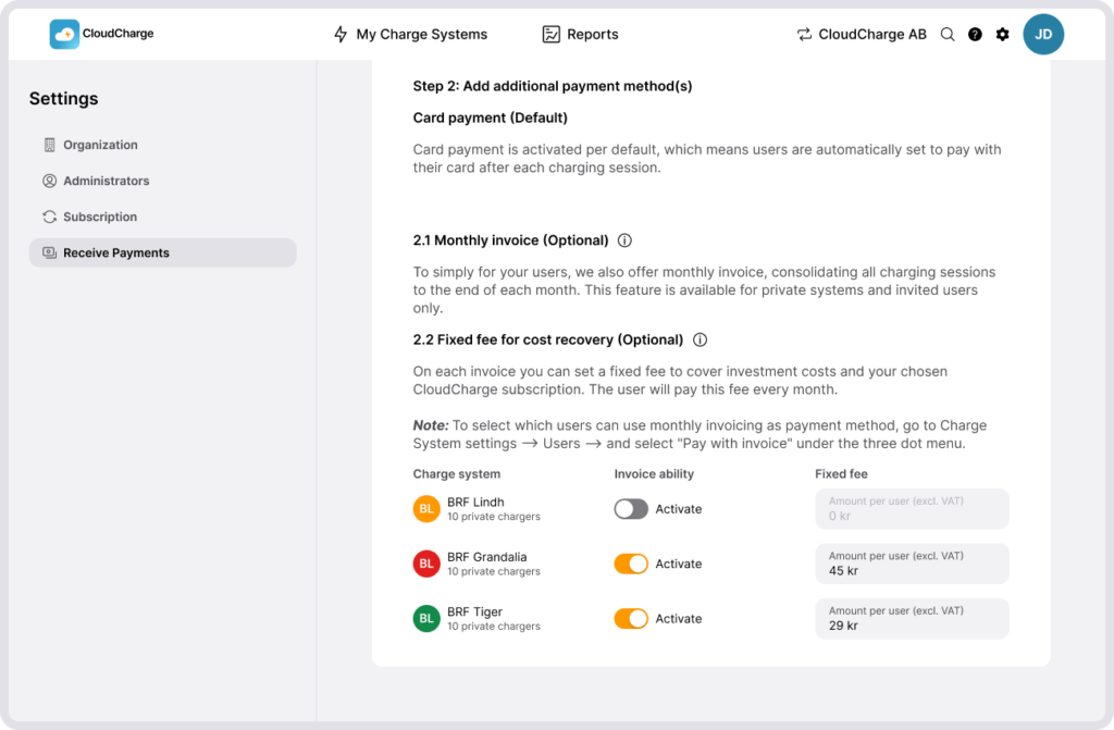 Screenshot of CloudCharge Portal - Invoicing - Activate