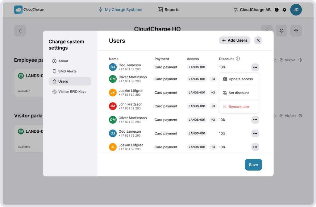 Screenshot of CloudCharge Portal - Invoicing - Users