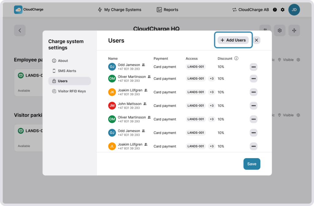 Screenshot of CloudCharge portal - invite user modal