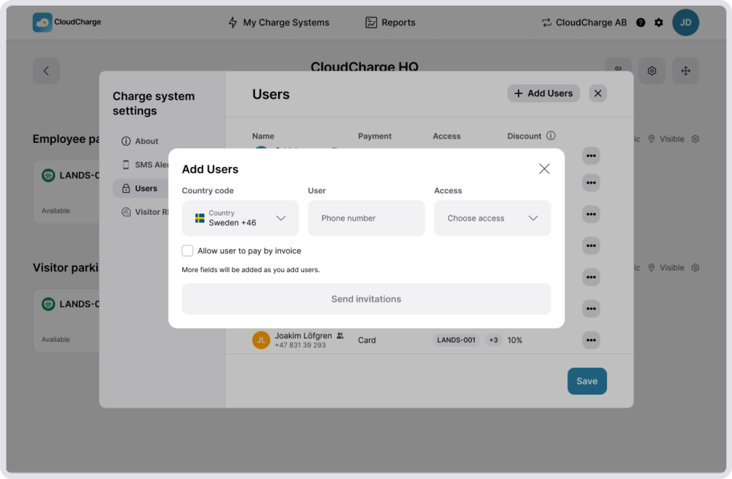 Screenshot of CloudCharge portal - add user