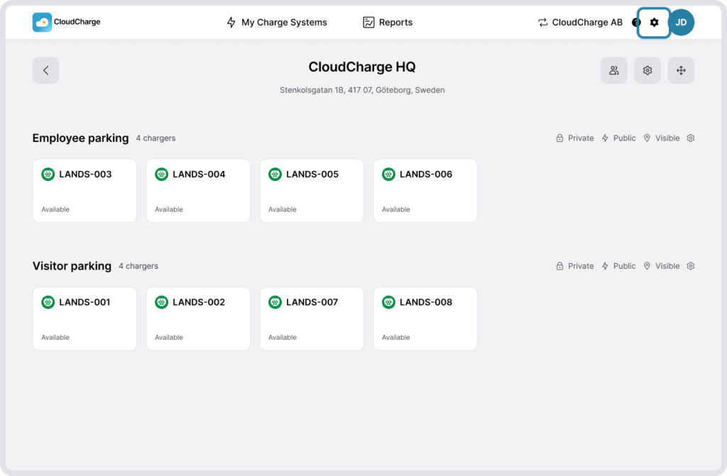 Screenshot of CloudCharge Portal - Organization settings