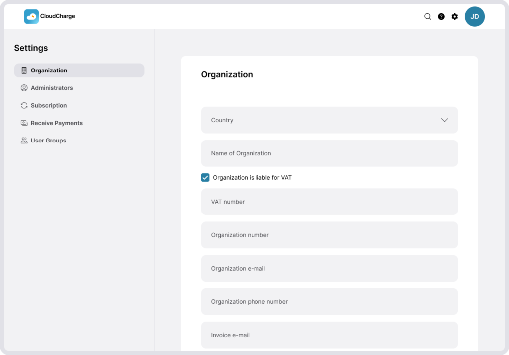 Screenshot of CloudCharge Portal - Update organization details