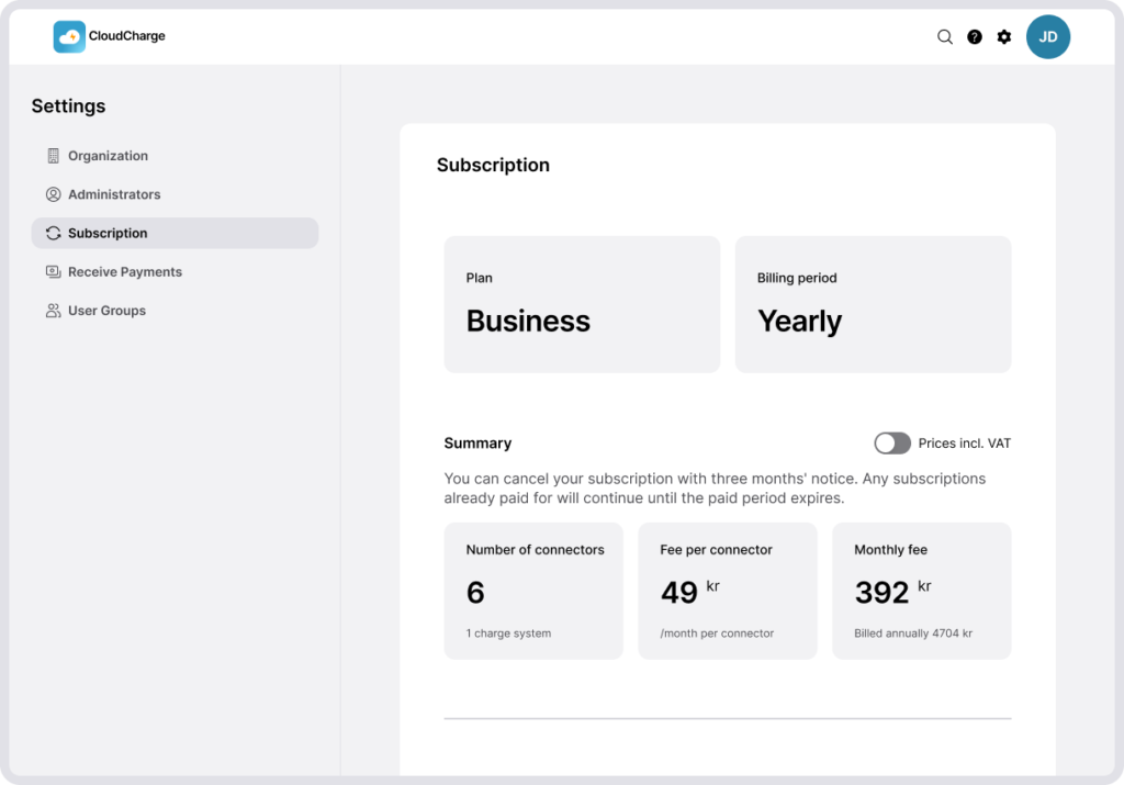 Screenshot of CloudCharge Portal - Subscription settings