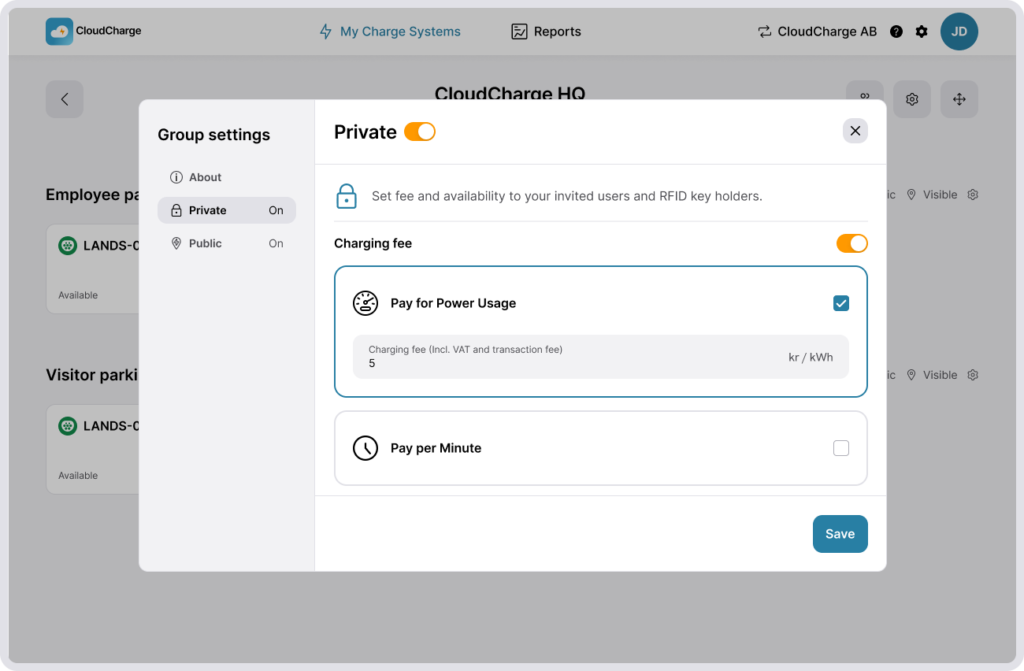 Screenshot of CloudCharge Portal - Group Settings