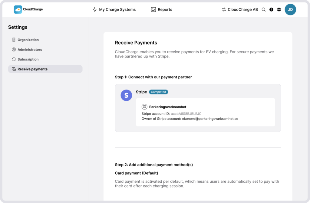 Screenshot of CloudCharge Portal - Receive payments