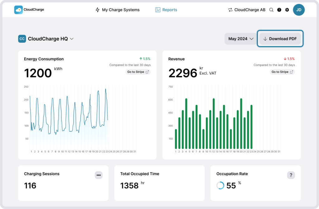 Screenshot of CloudCharge Portal - Reports pdf export