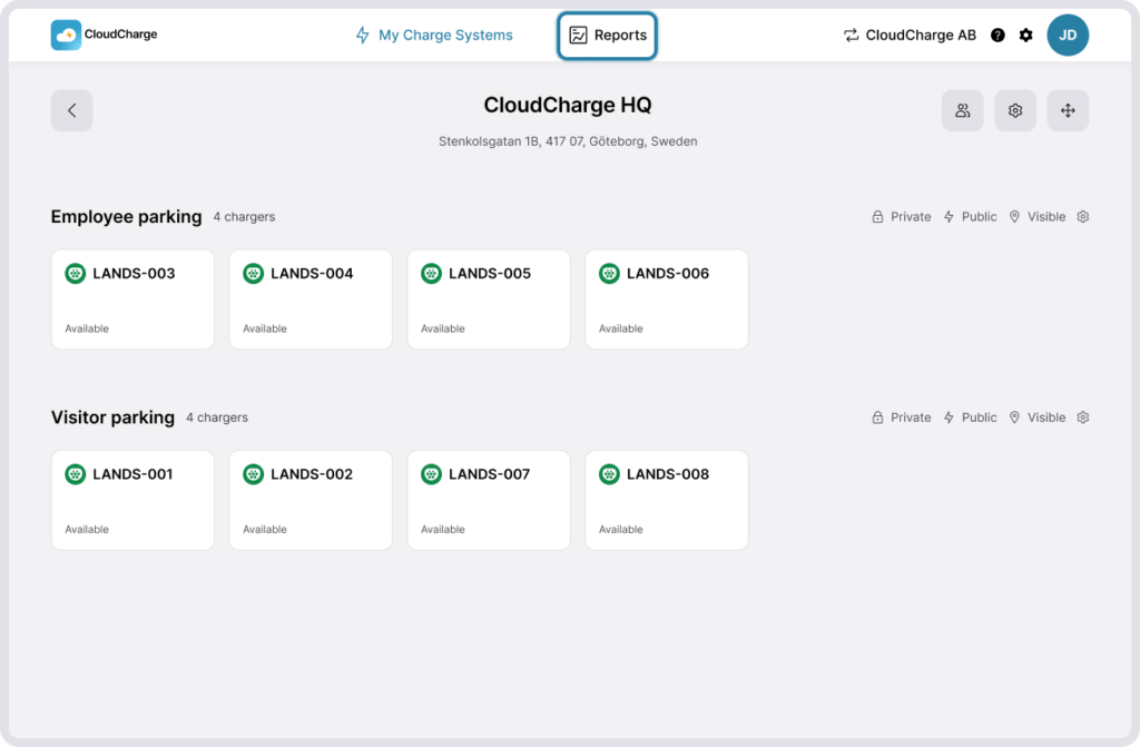 Screenshot of CloudCharge Portal - Reports navigation