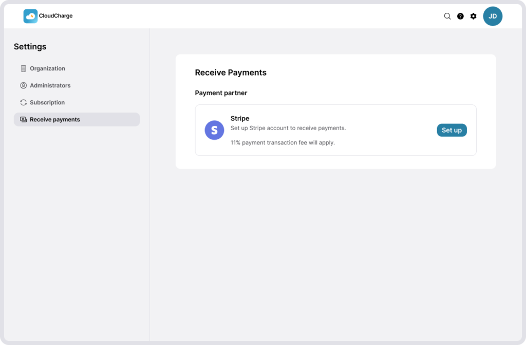 Screenshot of Create Stripe account in the CloudCharge Portal