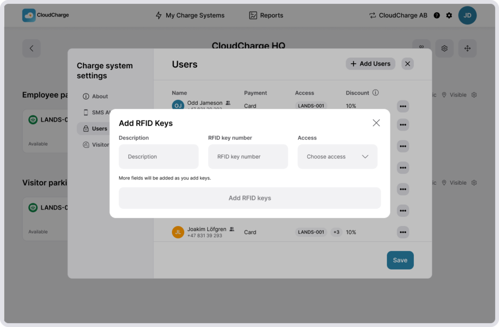 Screenshot of CloudCharge Portal - Add RFID keys