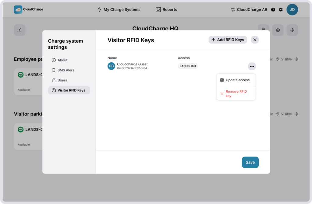 Screenshot of CloudCharge Portal - Update RFID keys