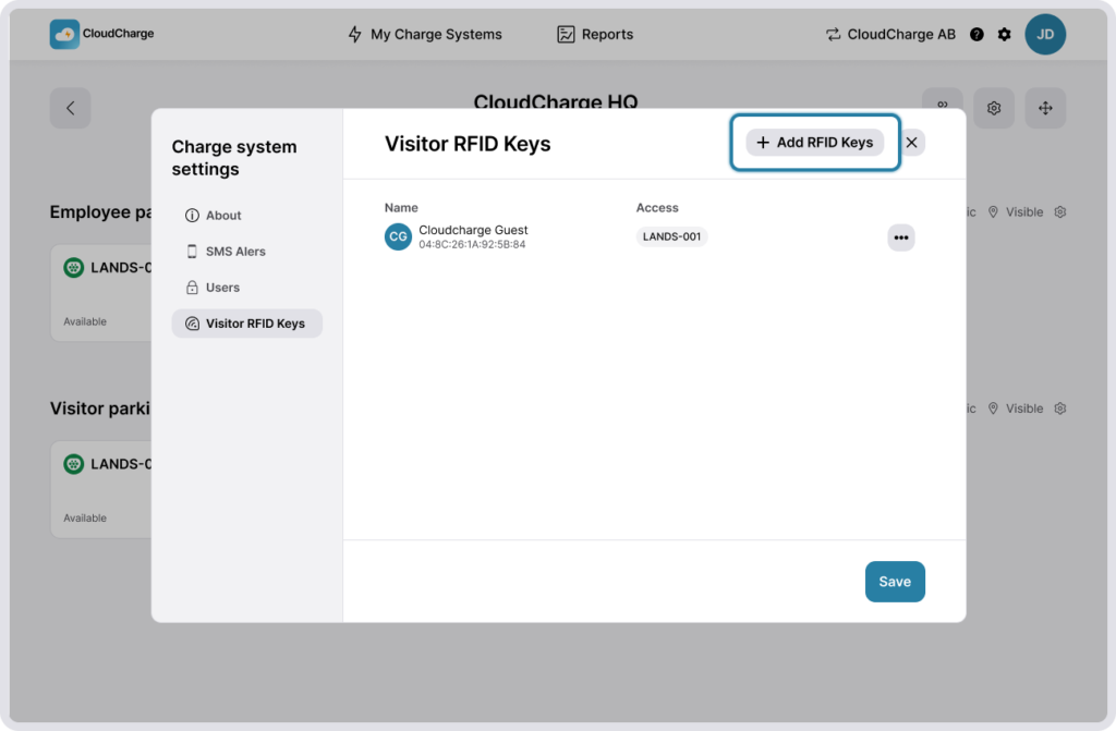 Screenshot of CloudCharge Portal - RFID key settings modal