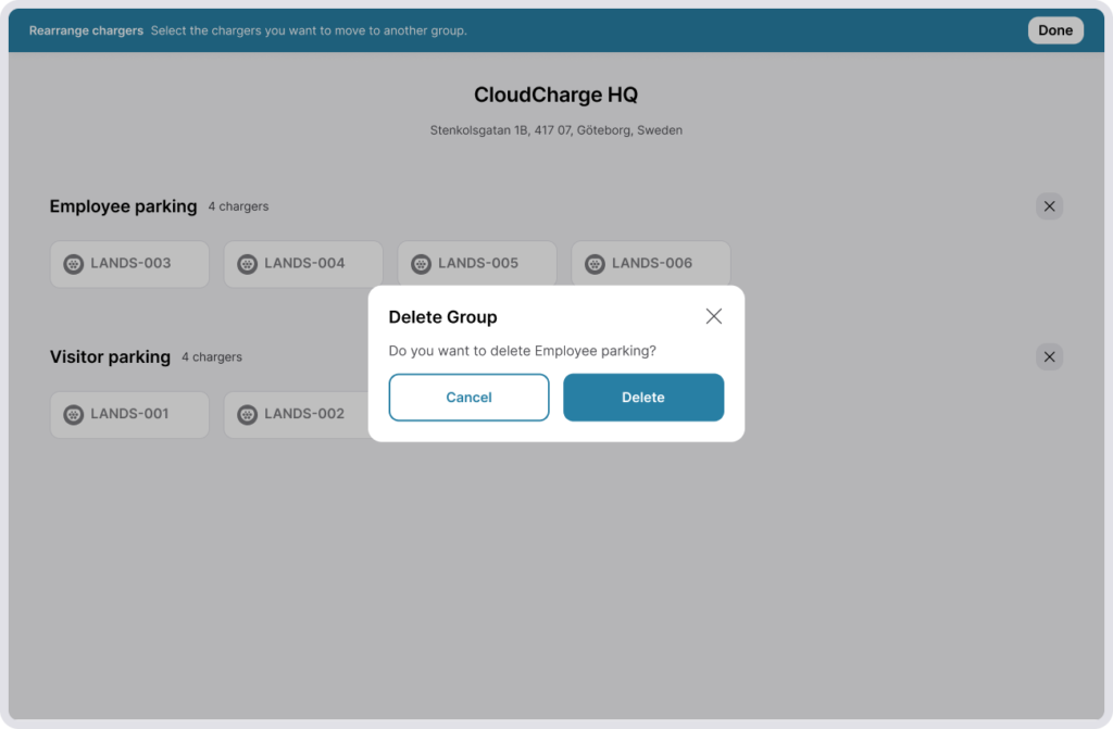 Screenshot of CloudCharge portal - Charger Groups - Delete Group