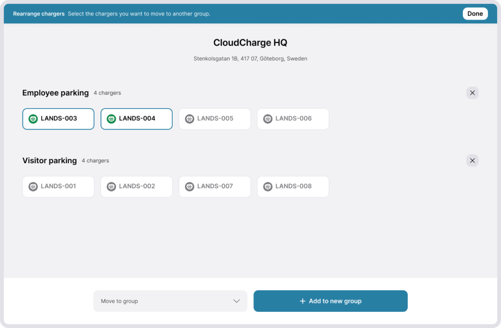 Screenshot of CloudCharge portal - Charger Groups - Relevant chargers